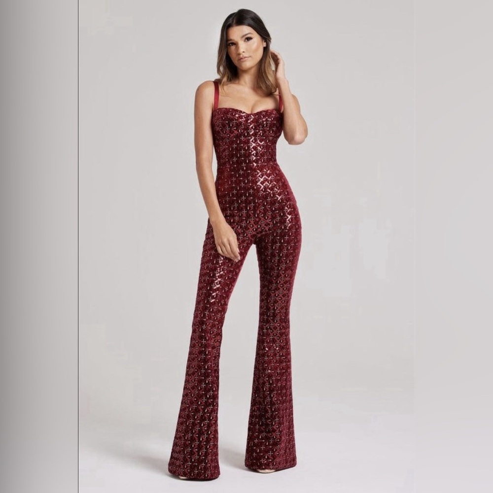 NADINE MERABI Burgundy Sequin Jumpsuit